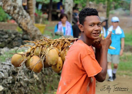 Kitava Young guy making his way to the shore, carrying a dozen of coconuts to sell on the beach. December 2018